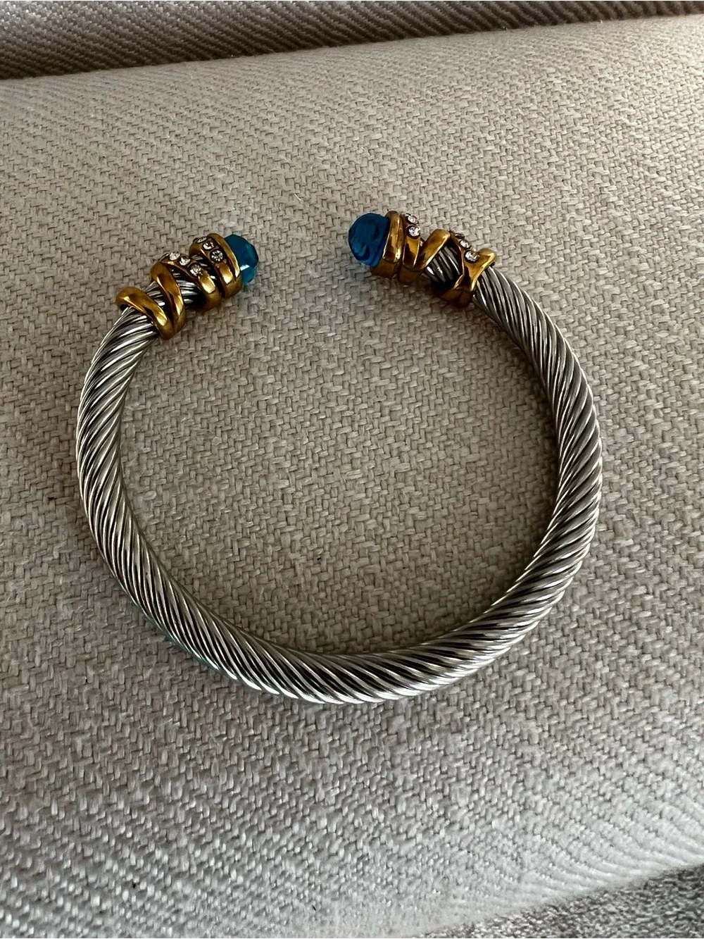 Gold & Silver Rope Cuff Bracelet with Teal Crystal Accents